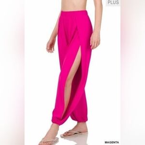 Zenana Magenta Pink Split Side Harem Genie Pants, Size 1X. NWOT